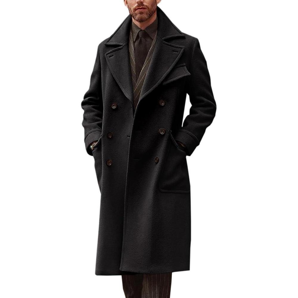 imageRuncati Mens Trench Coat Notch Lapel Double Breasted Peacoat Wool Blend Casual Long OvercoatBlack