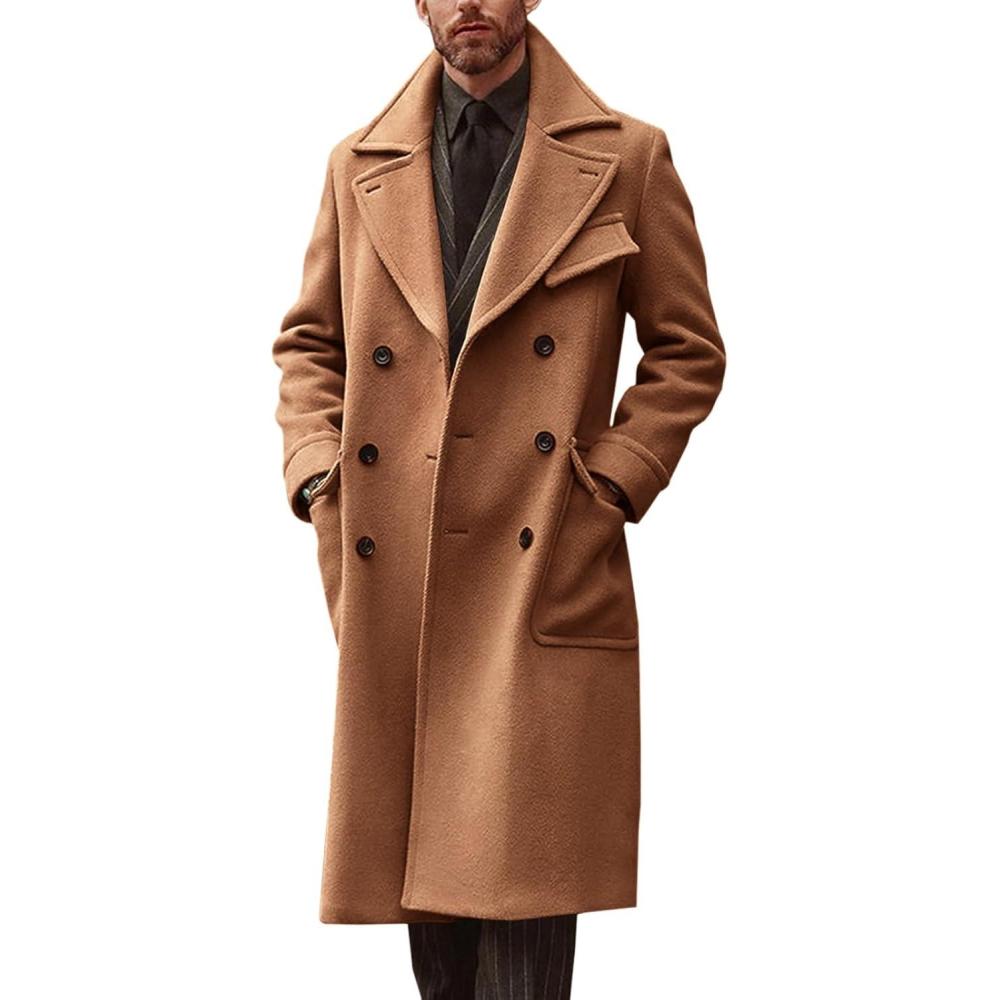 imageRuncati Mens Trench Coat Notch Lapel Double Breasted Peacoat Wool Blend Casual Long OvercoatBrown