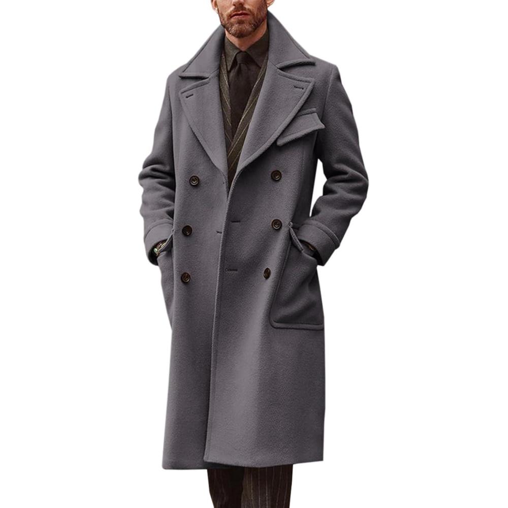 imageRuncati Mens Trench Coat Notch Lapel Double Breasted Peacoat Wool Blend Casual Long OvercoatDark Grey