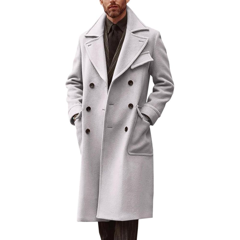 imageRuncati Mens Trench Coat Notch Lapel Double Breasted Peacoat Wool Blend Casual Long OvercoatGrey