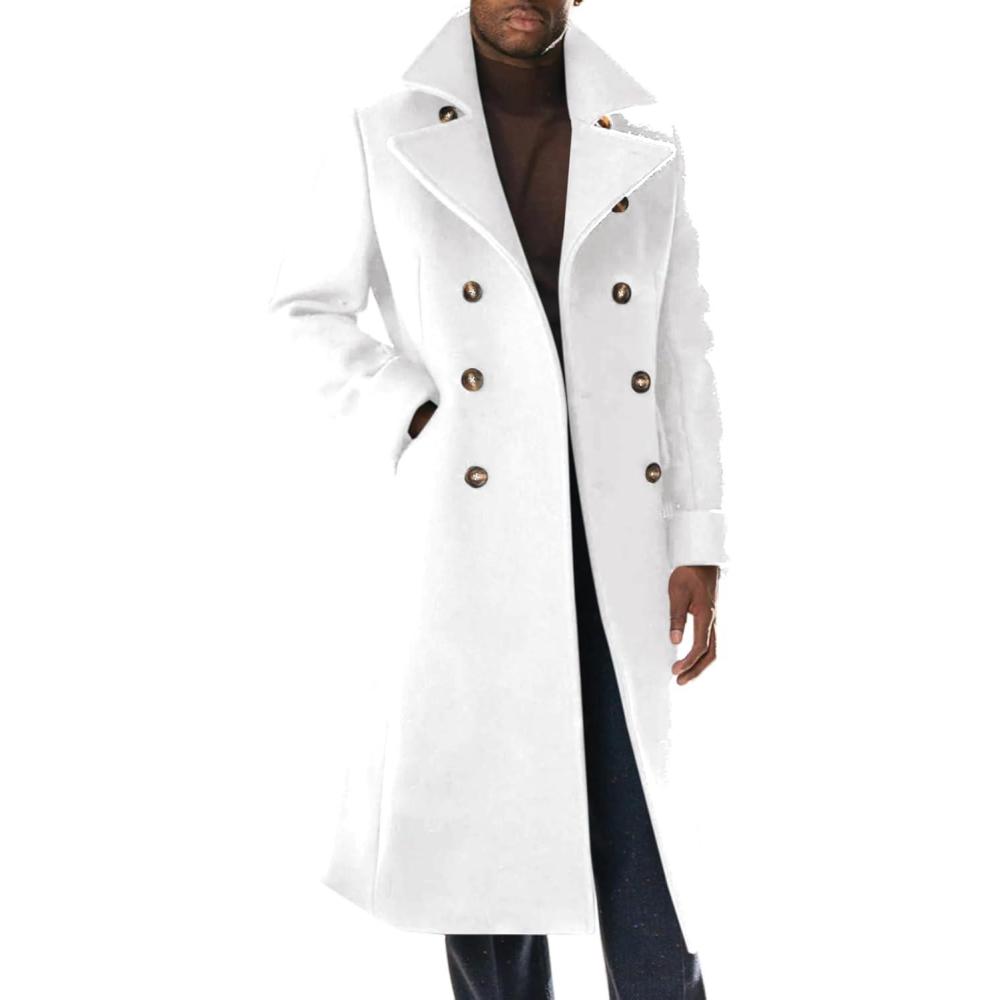 imageRuncati Mens Trench Coat Notch Lapel Slim Fit Double Breasted Long Pea Coat Winter Warm OvercoatWhite