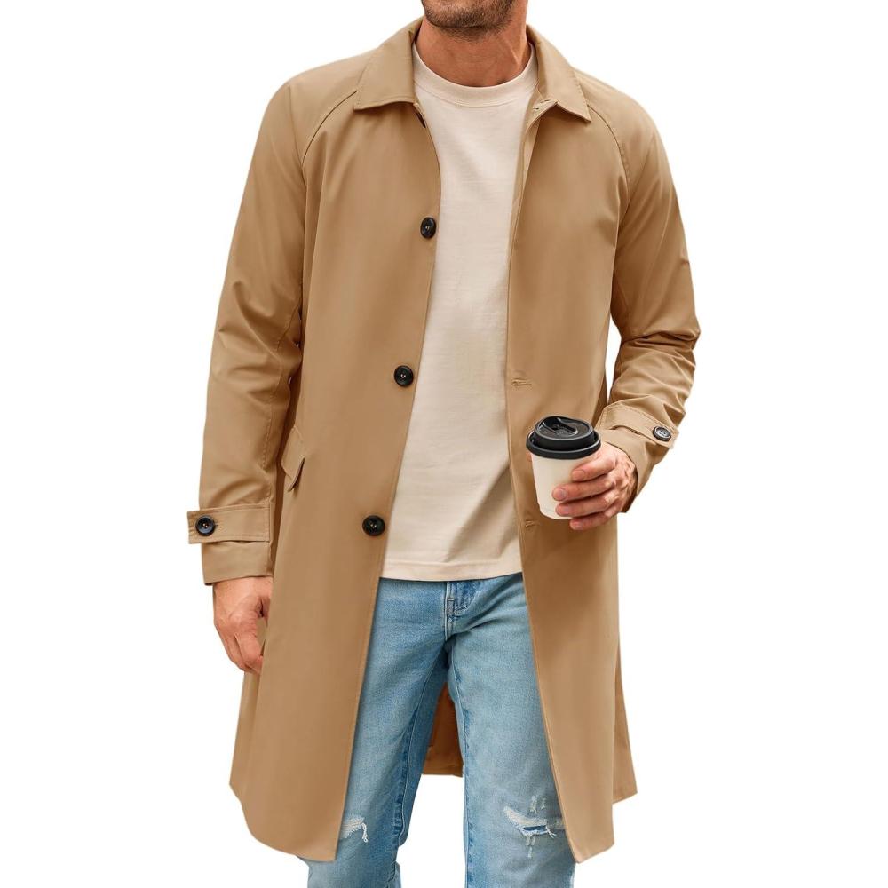 imageRuncati Mens Trench Coat Slim Fit Single Breasted Long Windbreaker Jacket Classic Lapel Casual OvercoatBrown