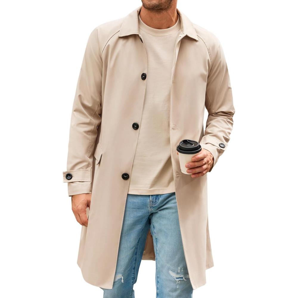 imageRuncati Mens Trench Coat Slim Fit Single Breasted Long Windbreaker Jacket Classic Lapel Casual OvercoatKhaki