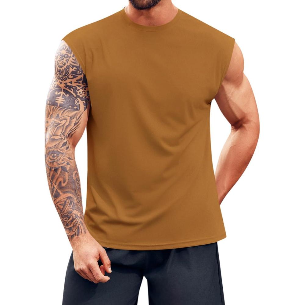 imageRuncati Mens Workout Tank Top Sleeveless Shirt Quick Dry Muscle Gym Bodybuilding Fitness Training T ShirtsBrown