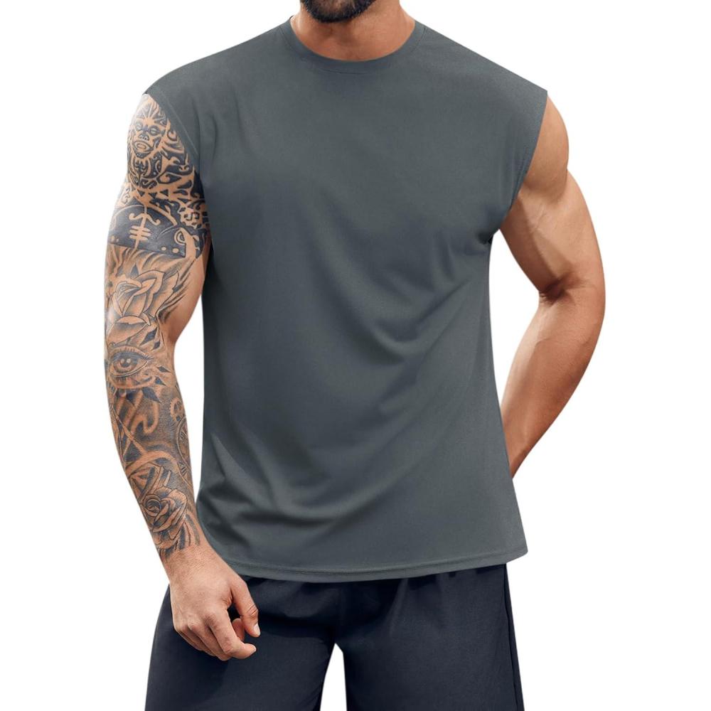imageRuncati Mens Workout Tank Top Sleeveless Shirt Quick Dry Muscle Gym Bodybuilding Fitness Training T ShirtsDark Grey