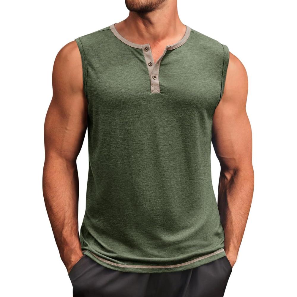 imageRuncati Mens Workout Tank Tops Sleeveless Gym Muscle Henley Shirt Casual Basic Summer Beach TopsArmy Green