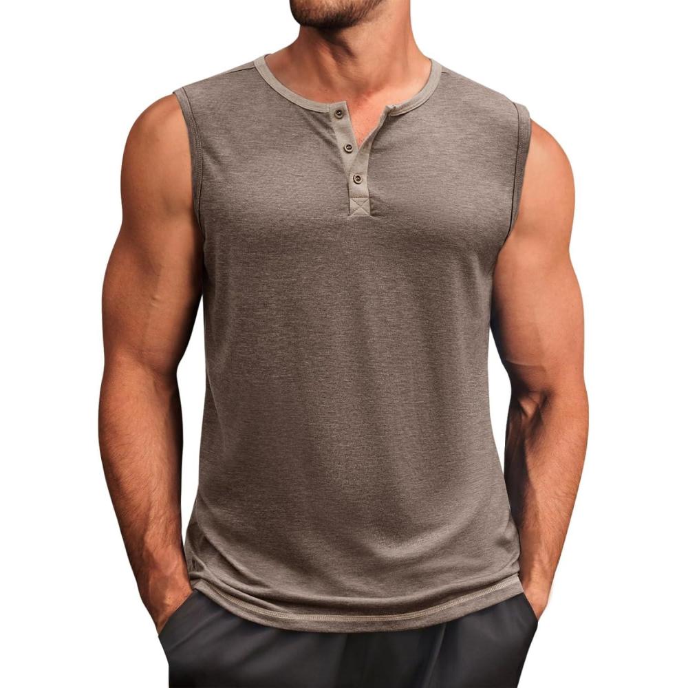 imageRuncati Mens Workout Tank Tops Sleeveless Gym Muscle Henley Shirt Casual Basic Summer Beach TopsCoffee