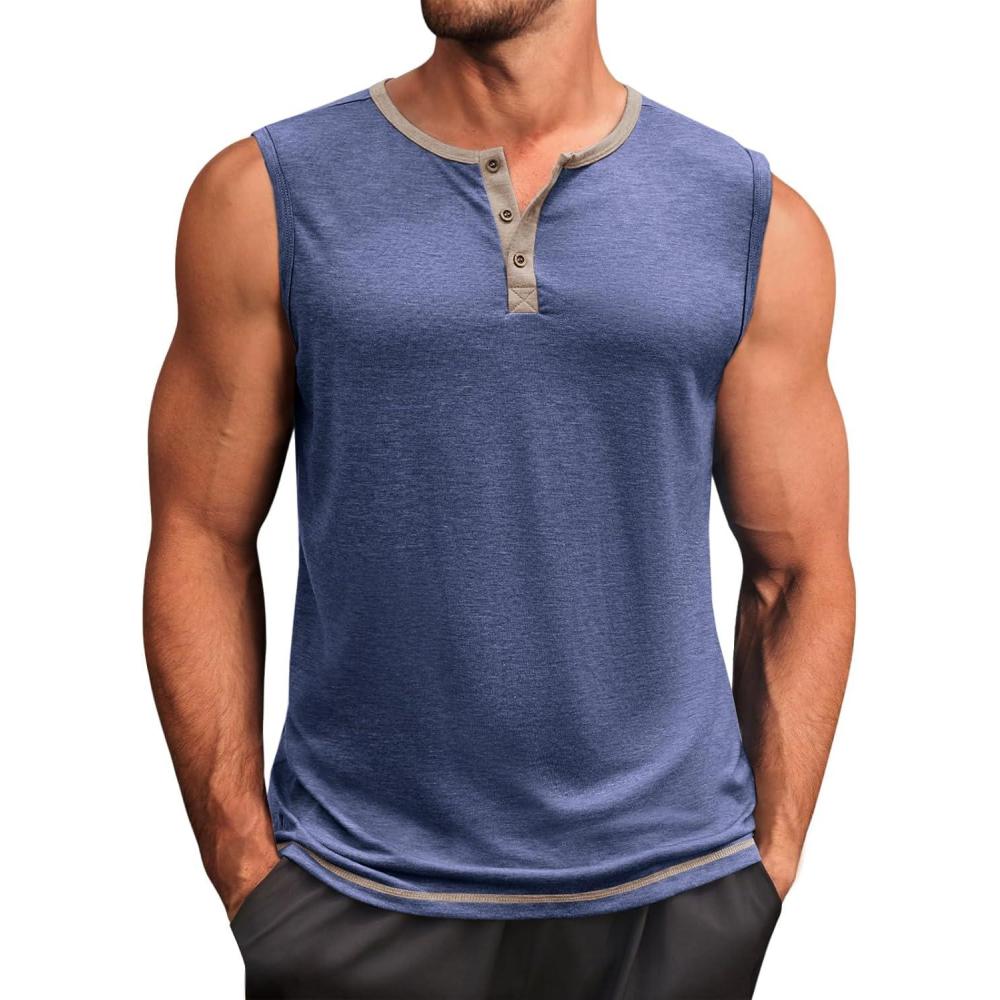 imageRuncati Mens Workout Tank Tops Sleeveless Gym Muscle Henley Shirt Casual Basic Summer Beach TopsNavy
