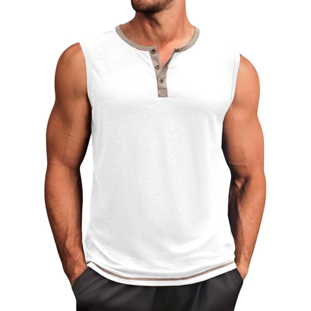 imageRuncati Mens Workout Tank Tops Sleeveless Gym Muscle Henley Shirt Casual Basic Summer Beach TopsWhite