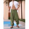 Runcati Mens Harem Pants Baggy Hippie Casual Cotton Linen Loose Boho Yoga Beach Drop Crotch Trouser(Army Green)