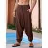 Runcati Mens Harem Pants Baggy Hippie Casual Cotton Linen Loose Boho Yoga Beach Drop Crotch Trouser(Brown)