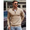 Runcati Mens Quarter Zip Pullover Sweaters Mock Neck Slim Fit Lightweight Pullover Waffle Knit Casual Polo Sweater(Khaki)