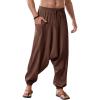 Runcati Mens Harem Pants Baggy Hippie Casual Cotton Linen Loose Boho Yoga Beach Drop Crotch Trouser(Brown)