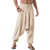 Runcati Mens Harem Pants Baggy Hippie Casual Cotton Linen Loose Boho Yoga Beach Drop Crotch Trouser(Khaki)
