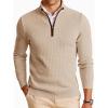 Runcati Mens Quarter Zip Pullover Sweaters Mock Neck Slim Fit Lightweight Pullover Waffle Knit Casual Polo Sweater(Khaki)