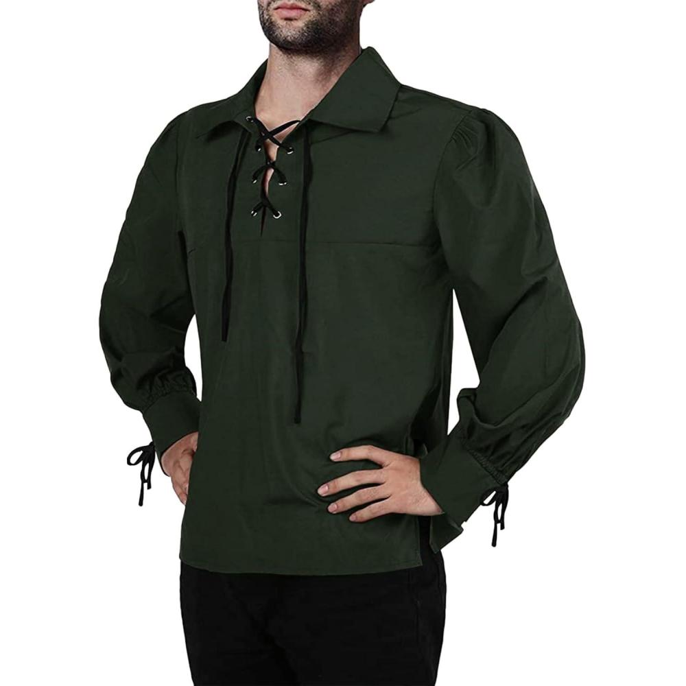 imageMens Medieval Pirate Shirt Viking Renaissance Lace up Mercenary Halloween Scottish Jacobite Ghillie Tops01 Army Green
