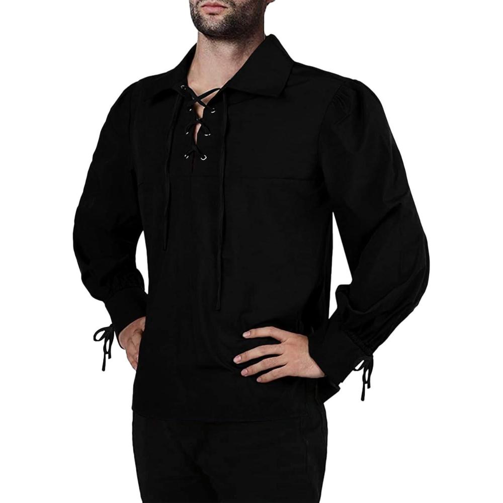 imageMens Medieval Pirate Shirt Viking Renaissance Lace up Mercenary Halloween Scottish Jacobite Ghillie Tops01 Black