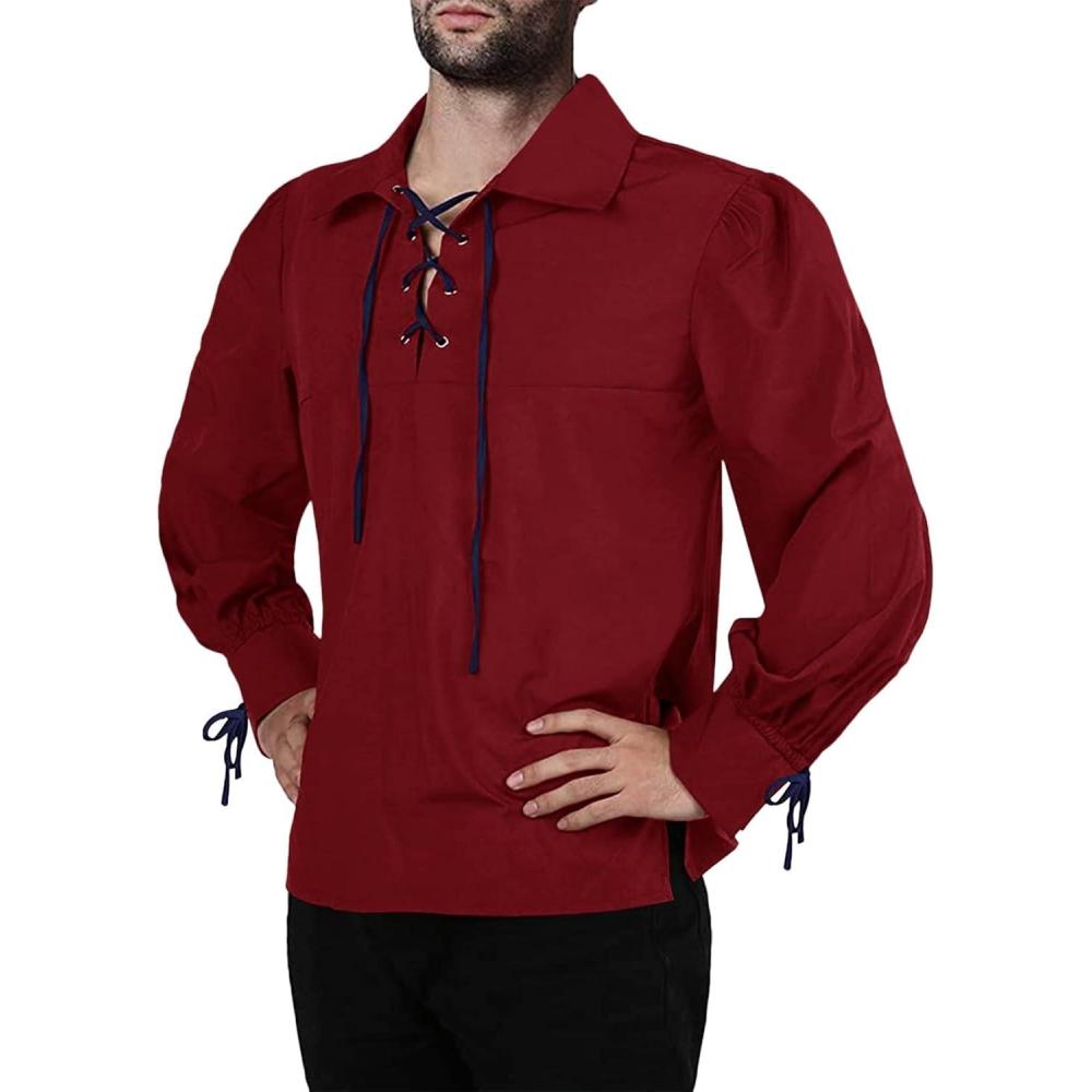 imageMens Medieval Pirate Shirt Viking Renaissance Lace up Mercenary Halloween Scottish Jacobite Ghillie Tops01 Red