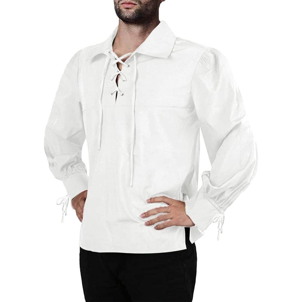 imageMens Medieval Pirate Shirt Viking Renaissance Lace up Mercenary Halloween Scottish Jacobite Ghillie Tops01 White