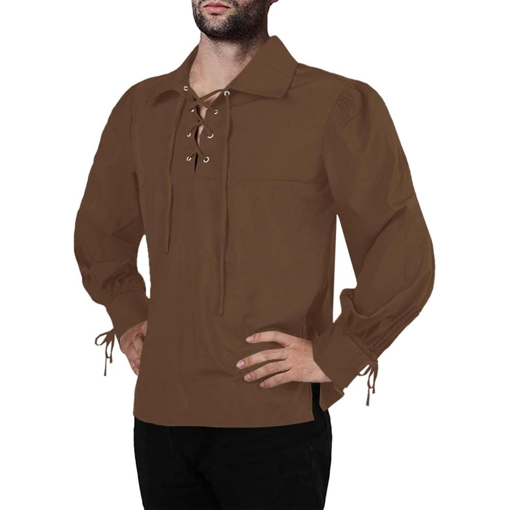 imageMens Medieval Pirate Shirt Viking Renaissance Lace up Mercenary Halloween Scottish Jacobite Ghillie TopsBrown