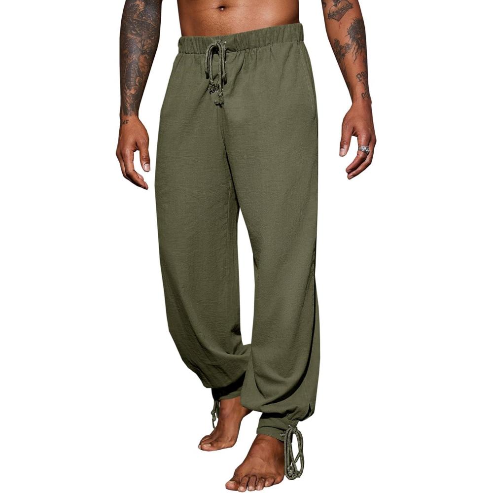 imageRuncati Mens Banded Ankle Pants Medieval Renaissance Viking Pirate Lace Up Halloween Cotton Gothic Costume TrousersArmy Green