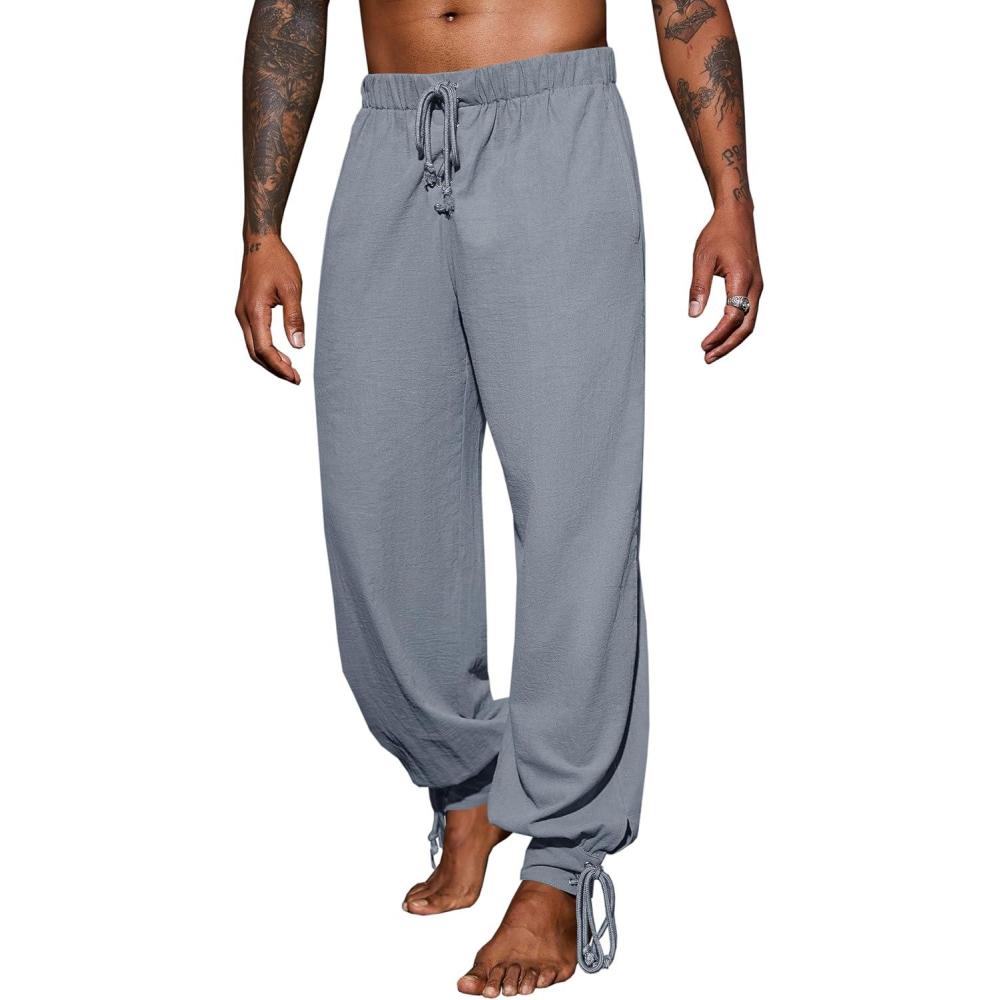 imageRuncati Mens Banded Ankle Pants Medieval Renaissance Viking Pirate Lace Up Halloween Cotton Gothic Costume TrousersGray