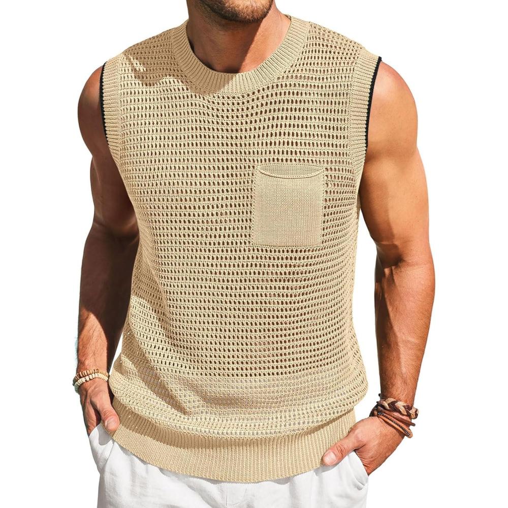 imageRuncati Mens Crochet Tank Tops See Through Knitted Sleeveless TShirts Muscle Summer Beach Hippie Shirts with PocketBeige