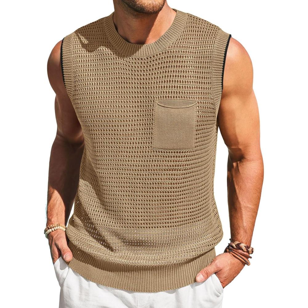 imageRuncati Mens Crochet Tank Tops See Through Knitted Sleeveless TShirts Muscle Summer Beach Hippie Shirts with PocketLight Khaki
