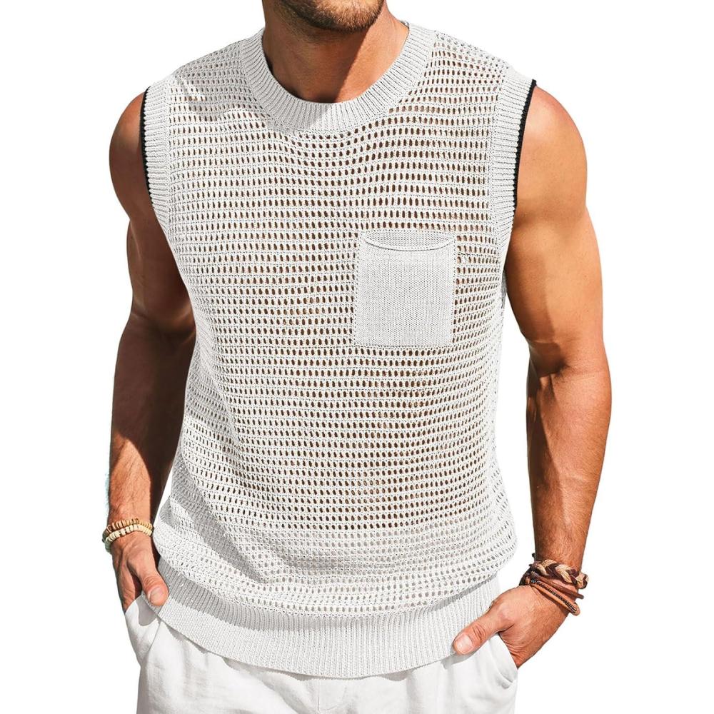 imageRuncati Mens Crochet Tank Tops See Through Knitted Sleeveless TShirts Muscle Summer Beach Hippie Shirts with PocketWhite