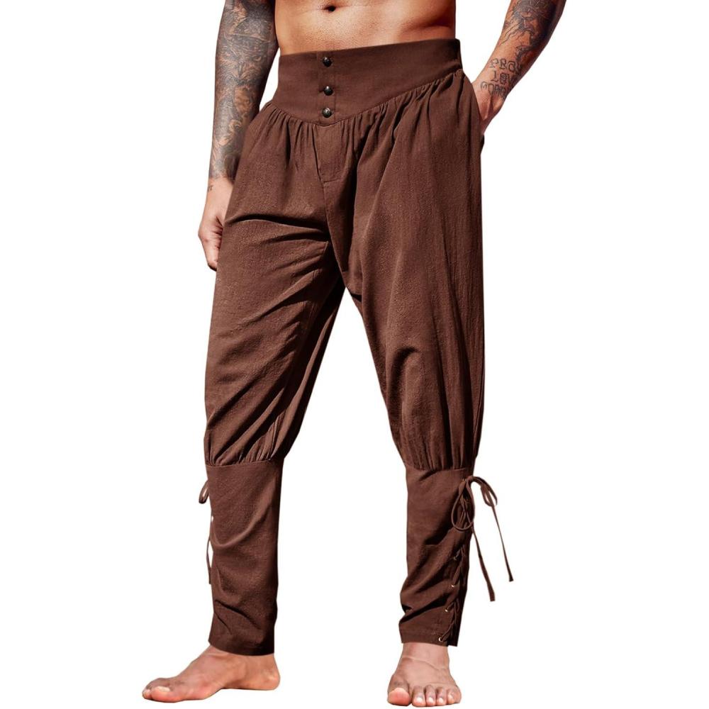 imageRuncati Mens Medieval Ankle Pants Renaissance Viking Pirate Lace Up Tapered Halloween Linen Costume TrousersCoffee