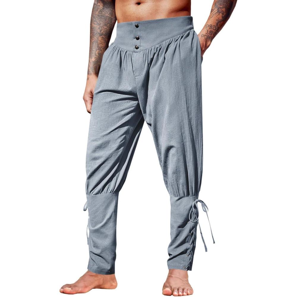 imageRuncati Mens Medieval Ankle Pants Renaissance Viking Pirate Lace Up Tapered Halloween Linen Costume TrousersGray