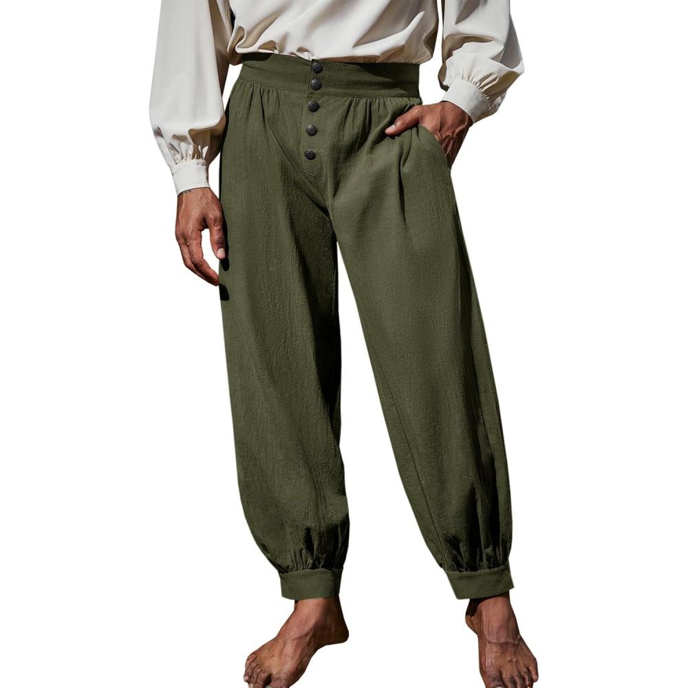 imageRuncati Mens Medieval Pirate Pants Renaissance Viking Knicker Colonial Halloween Cotton Gothic Costume TrousersArmy Green