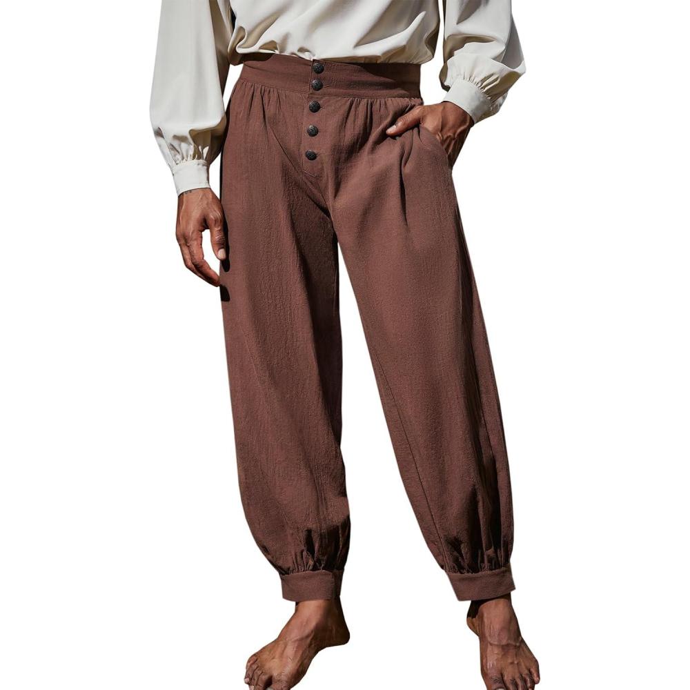 imageRuncati Mens Medieval Pirate Pants Renaissance Viking Knicker Colonial Halloween Cotton Gothic Costume TrousersBrown