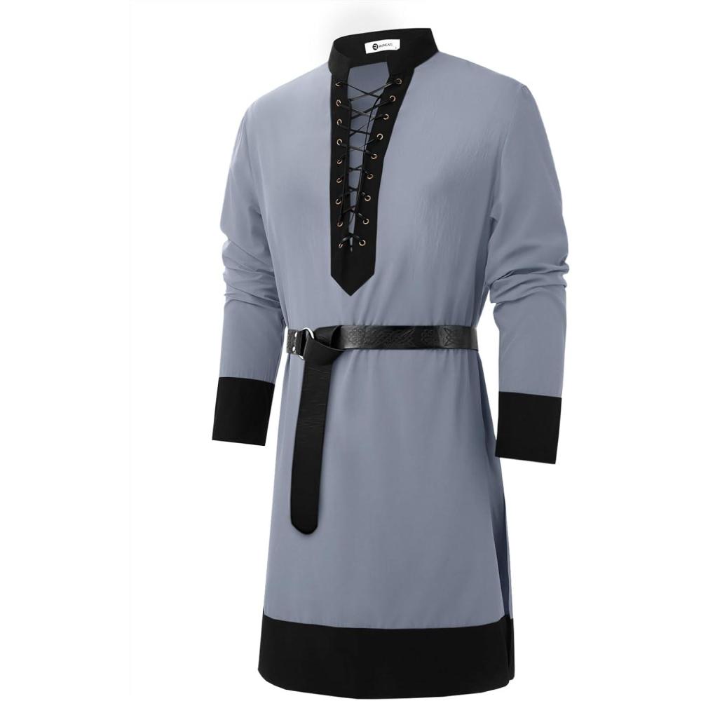 imageRuncati Mens Medieval Pirate Shirt Renaissance Viking Knight Warrior Tunic Tops Lace Up LARP Halloween CostumeGrey