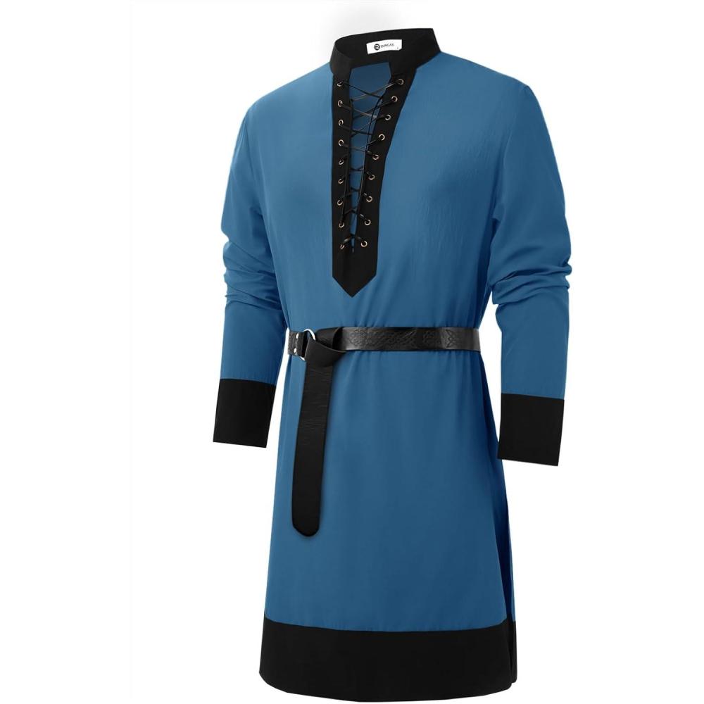 imageRuncati Mens Medieval Pirate Shirt Renaissance Viking Knight Warrior Tunic Tops Lace Up LARP Halloween CostumeLake Blue