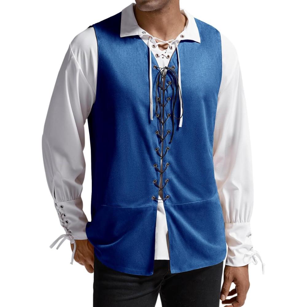 imageRuncati Mens Medieval Renaissance Vest Pirate Gothic Halloween Costume Suede Lace Up Reversible WaistcoatBlue