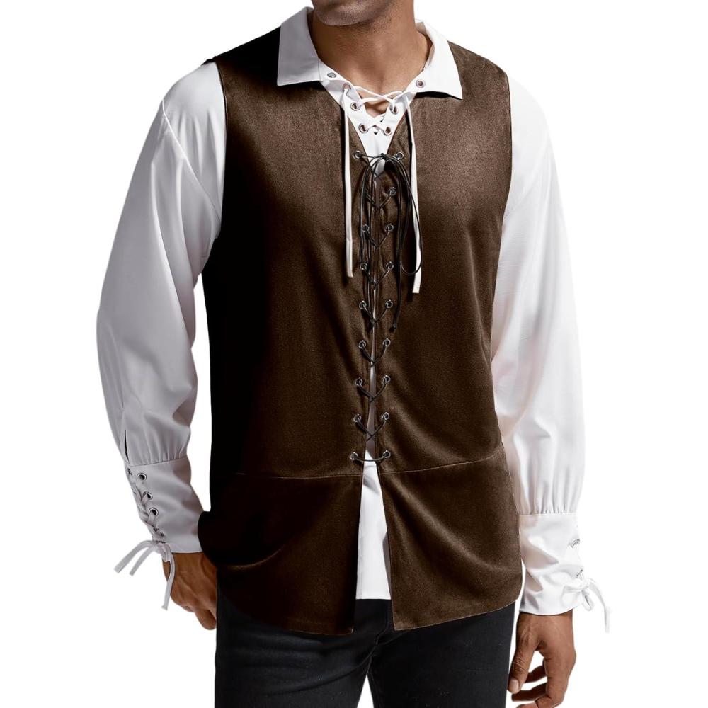 imageRuncati Mens Medieval Renaissance Vest Pirate Gothic Halloween Costume Suede Lace Up Reversible WaistcoatBrown