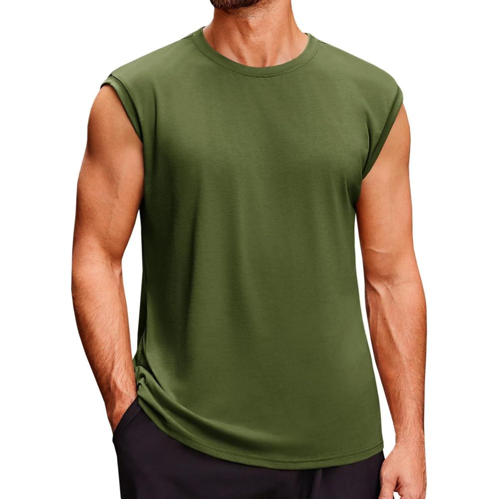 imageRuncati Mens Sleeveless Tank Tops Crewneck Casual Workout Gym Cut Off Muscle Fit T ShirtArmy Green