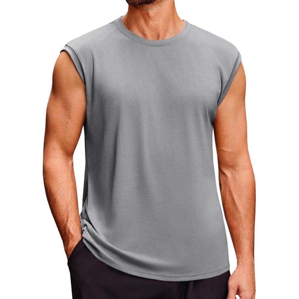 imageRuncati Mens Sleeveless Tank Tops Crewneck Casual Workout Gym Cut Off Muscle Fit T ShirtGrey