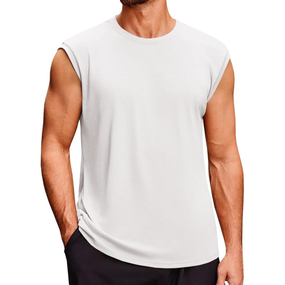 imageRuncati Mens Sleeveless Tank Tops Crewneck Casual Workout Gym Cut Off Muscle Fit T ShirtWhite