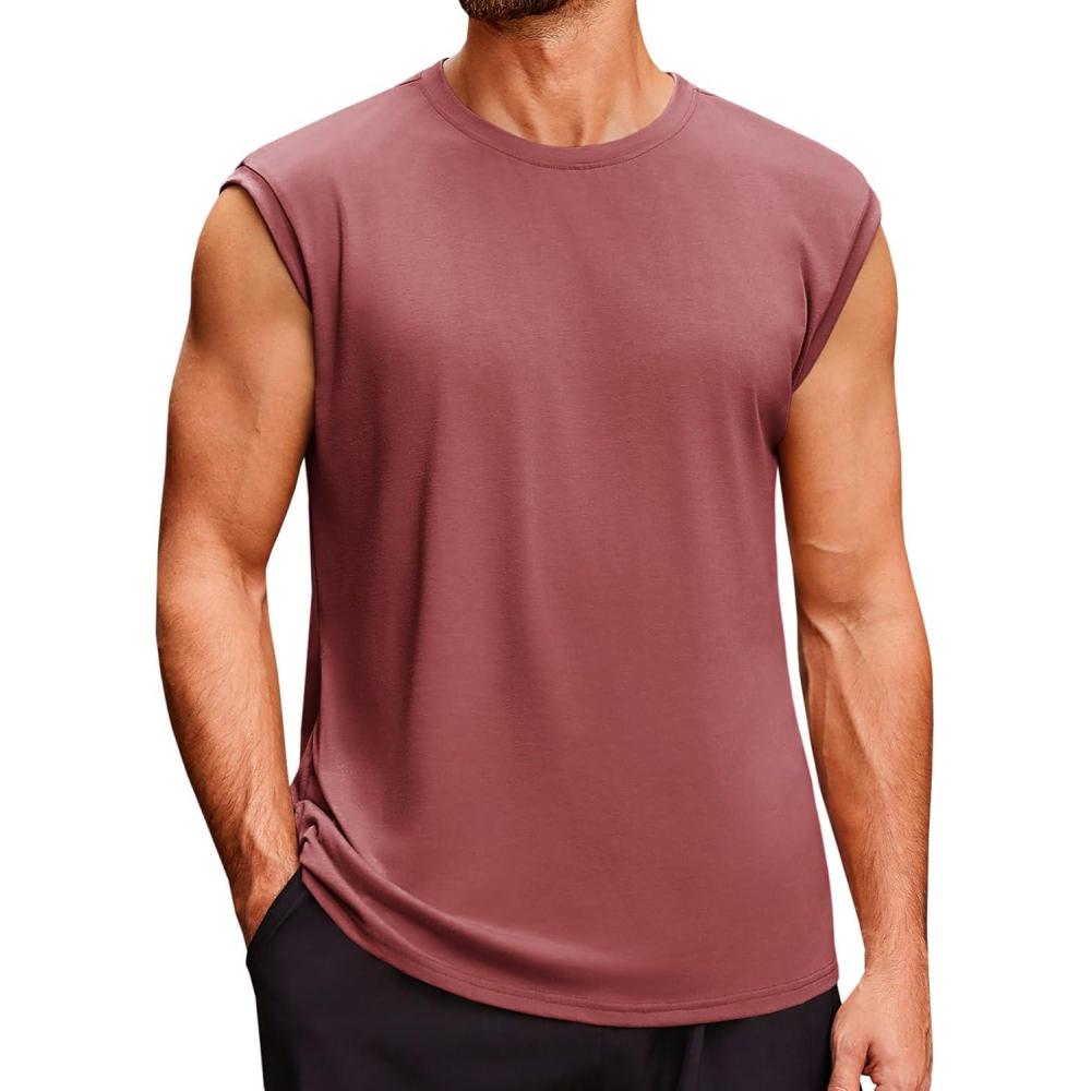 imageRuncati Mens Sleeveless Tank Tops Crewneck Casual Workout Gym Cut Off Muscle Fit T ShirtWine Red