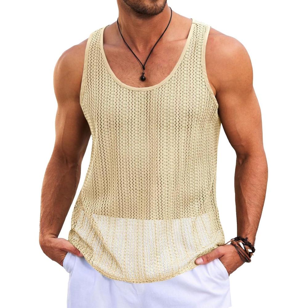 imageRuncati Mens Sleeveless Tank Tops Knitted Crochet See Through Hollow Out TShirts Muscle Summer Beach Hippie ShirtsBeige