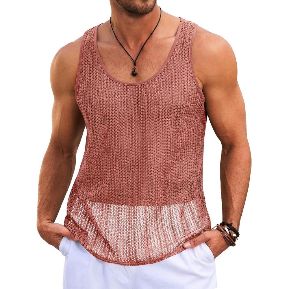 imageRuncati Mens Sleeveless Tank Tops Knitted Crochet See Through Hollow Out TShirts Muscle Summer Beach Hippie ShirtsCoral