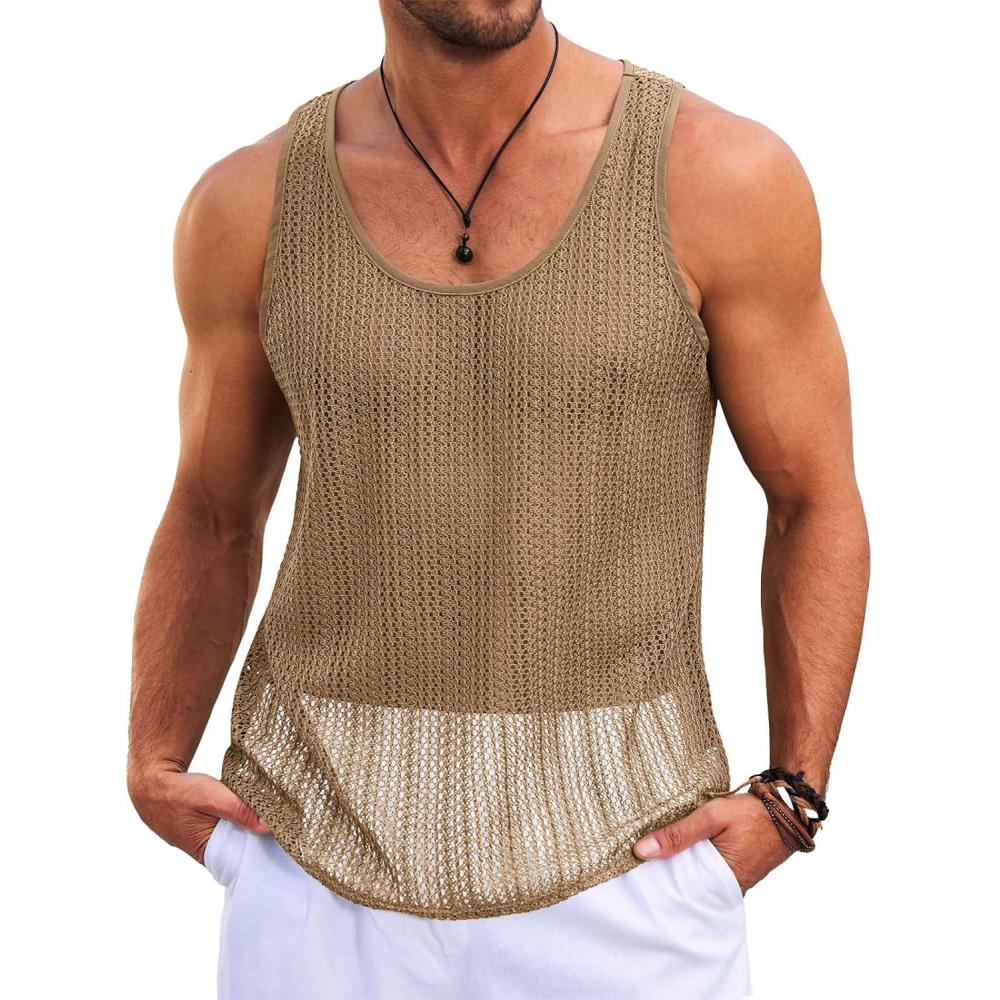 imageRuncati Mens Sleeveless Tank Tops Knitted Crochet See Through Hollow Out TShirts Muscle Summer Beach Hippie ShirtsDark Khahi