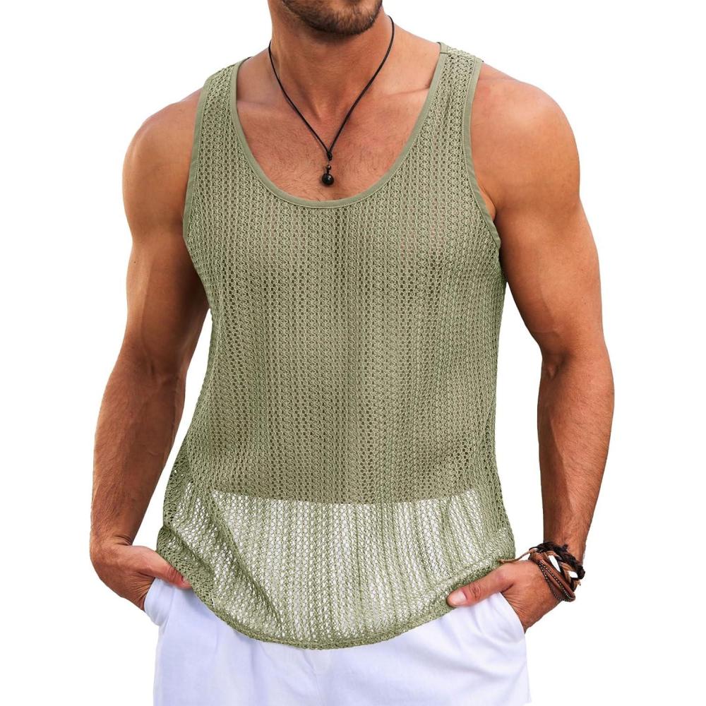 imageRuncati Mens Sleeveless Tank Tops Knitted Crochet See Through Hollow Out TShirts Muscle Summer Beach Hippie ShirtsMint