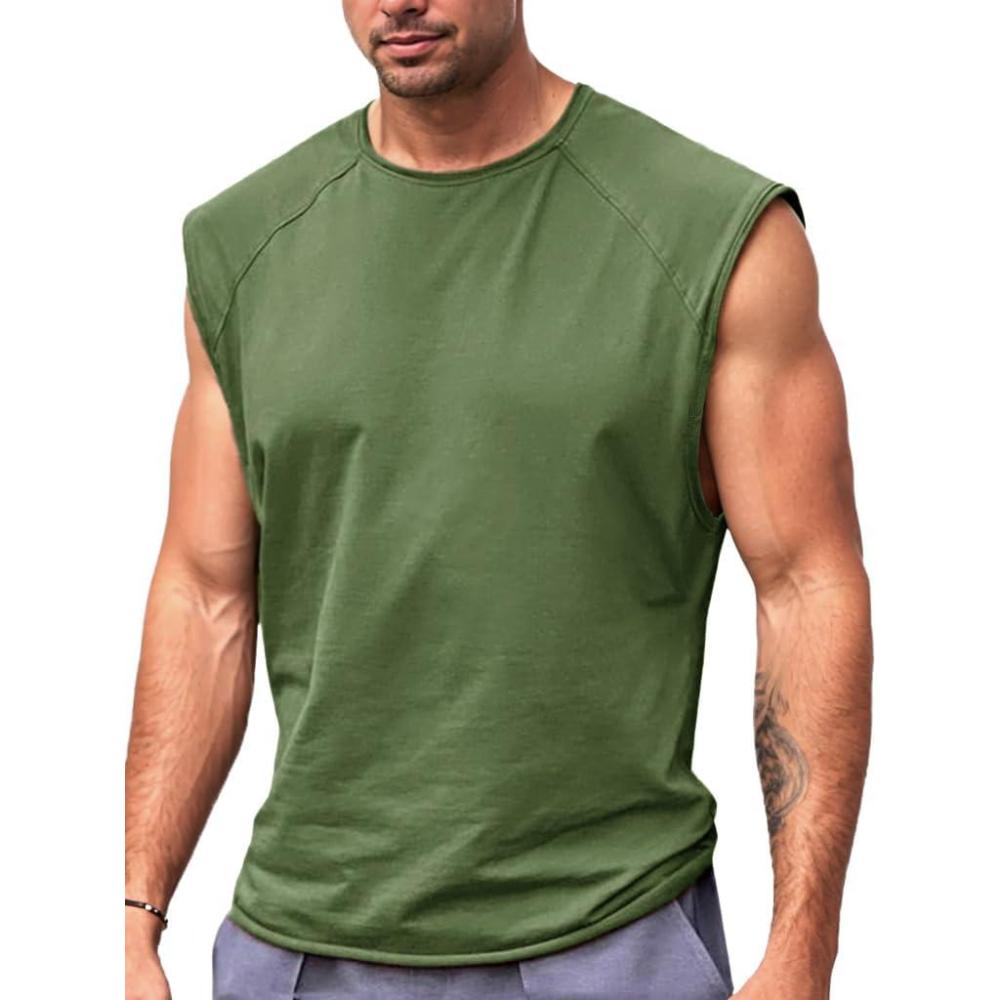 imageRuncati Mens Sleeveless Tank Tops Workout Cut Off Shirt Athletic Muscle Gym T ShirtsArmy Green