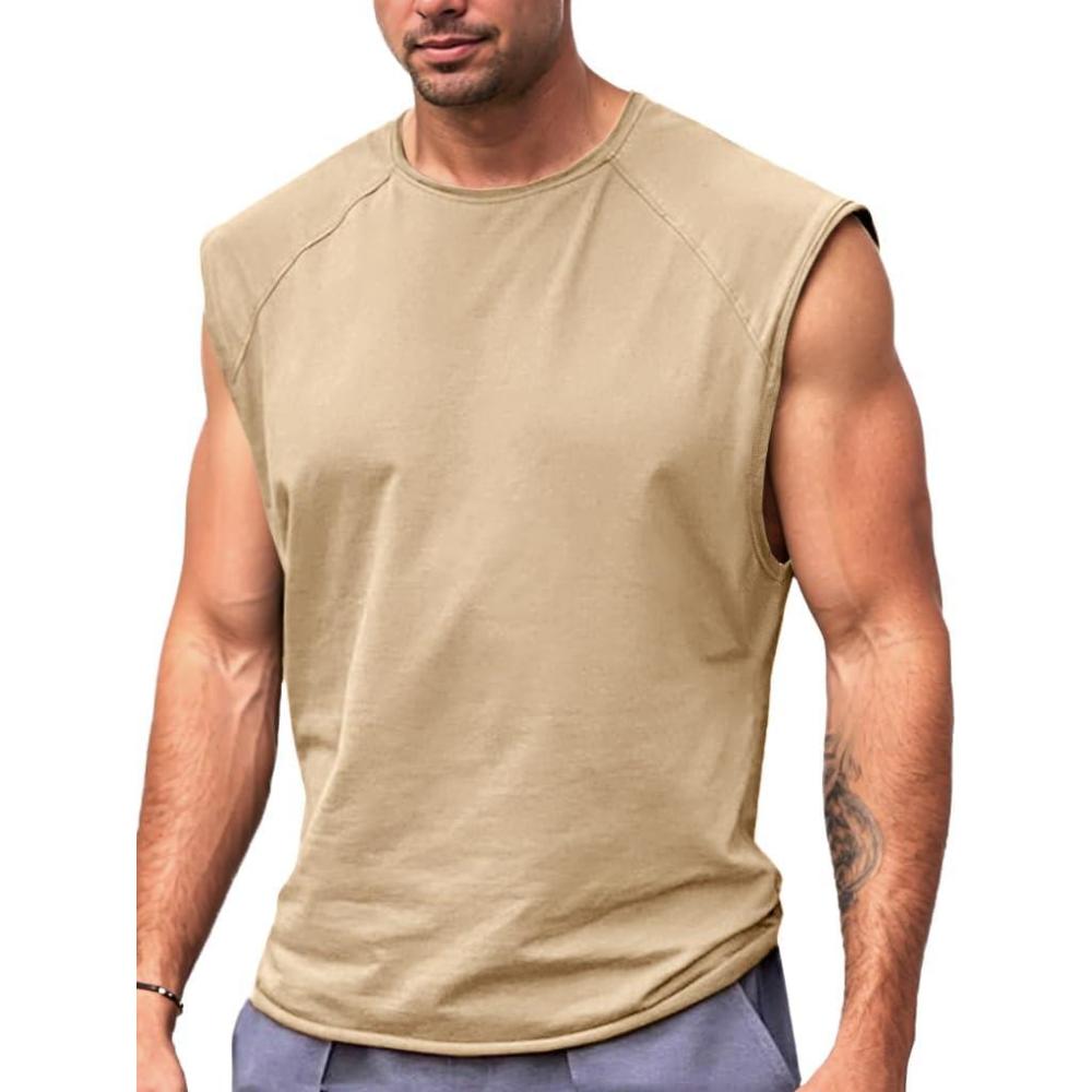 imageRuncati Mens Sleeveless Tank Tops Workout Cut Off Shirt Athletic Muscle Gym T ShirtsKhaki