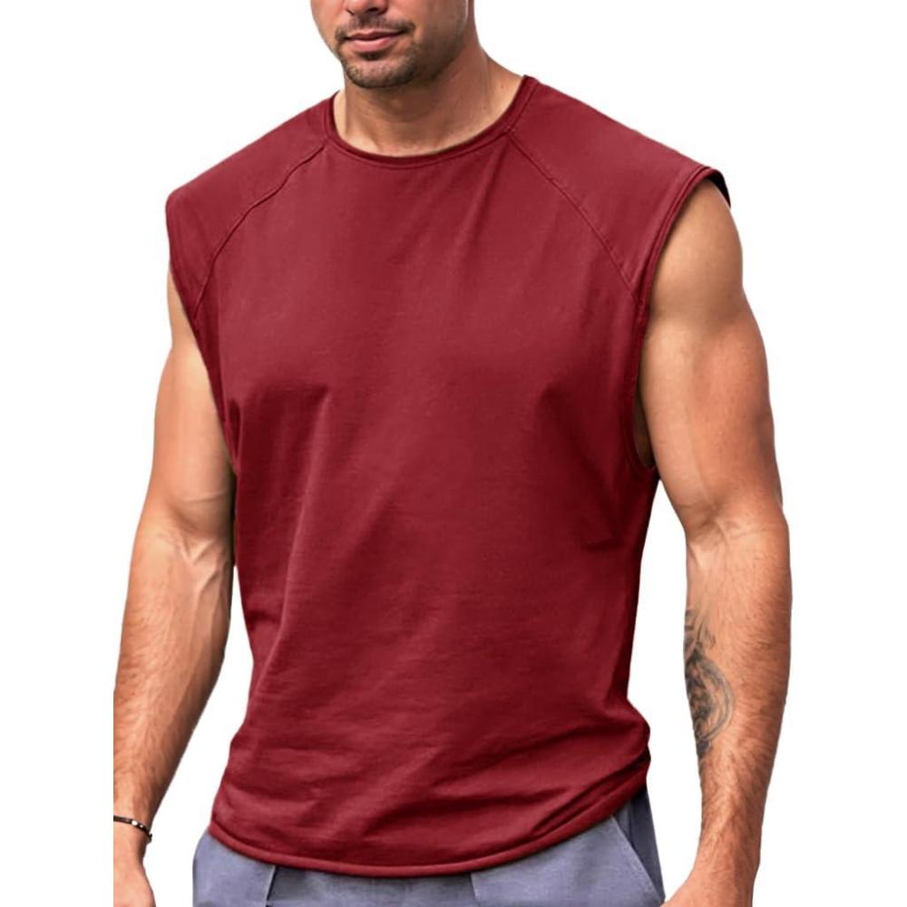imageRuncati Mens Sleeveless Tank Tops Workout Cut Off Shirt Athletic Muscle Gym T ShirtsWine Red