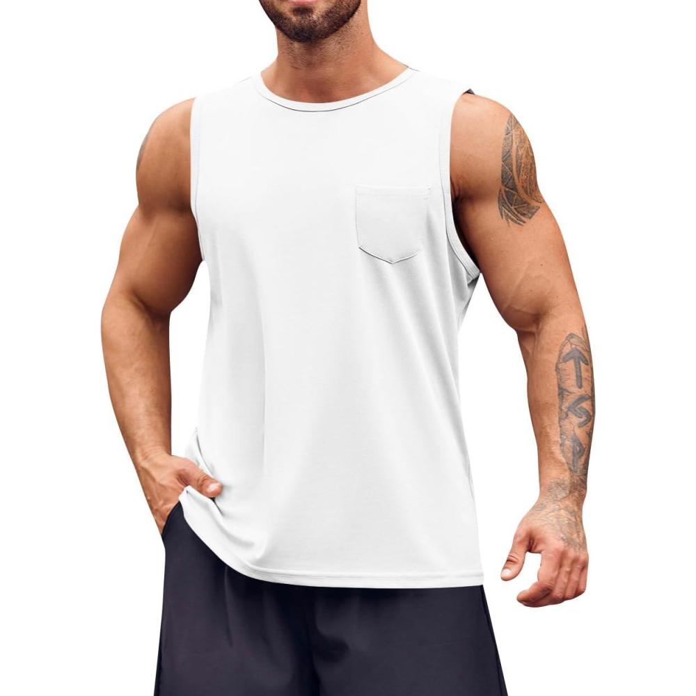 imageRuncati Mens Sleeveless Workout Tank Tops Athletic Muscle Gym T Shirts with PocketsWhite