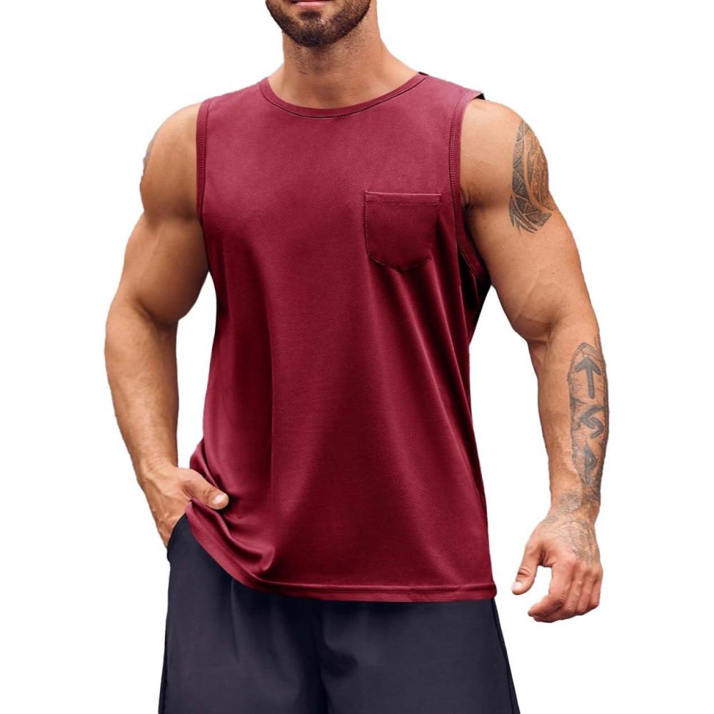 imageRuncati Mens Sleeveless Workout Tank Tops Athletic Muscle Gym T Shirts with PocketsWine Red